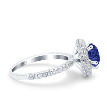 Halo Art Deco Wedding Ring Round Simulated Blue Sapphire CZ 925 Sterling Silver
